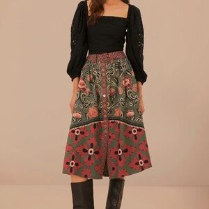 Farm Rio Arabesque Floral Green Buttons Midi Skirt size xl